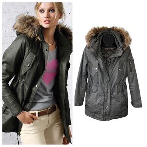 Victoria’s Secret olive green parka jacket with removable faux fur hood.